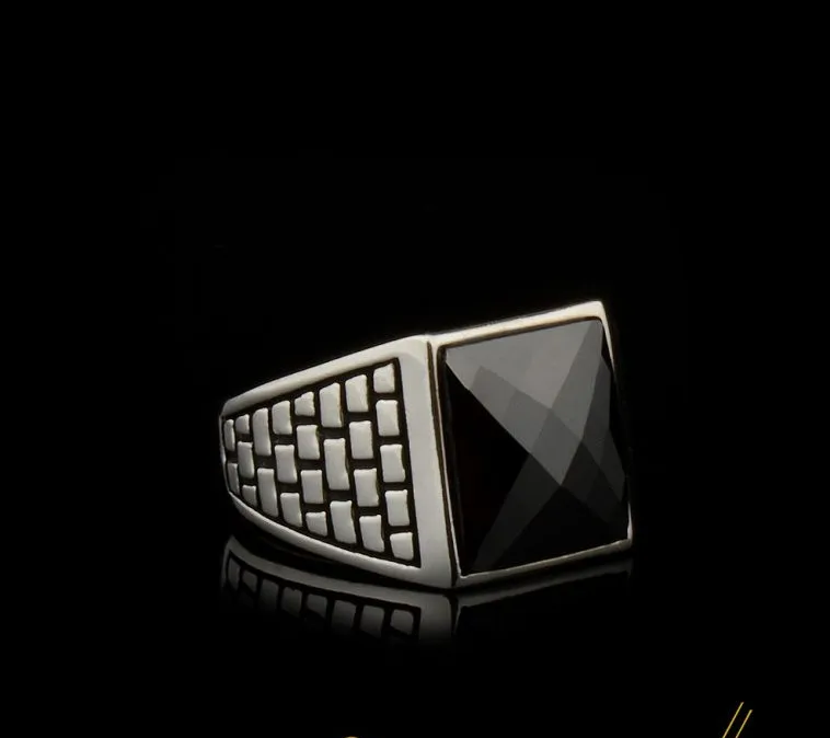 Square Faceted Cut Black Zircon Classic Silver Men Ring
