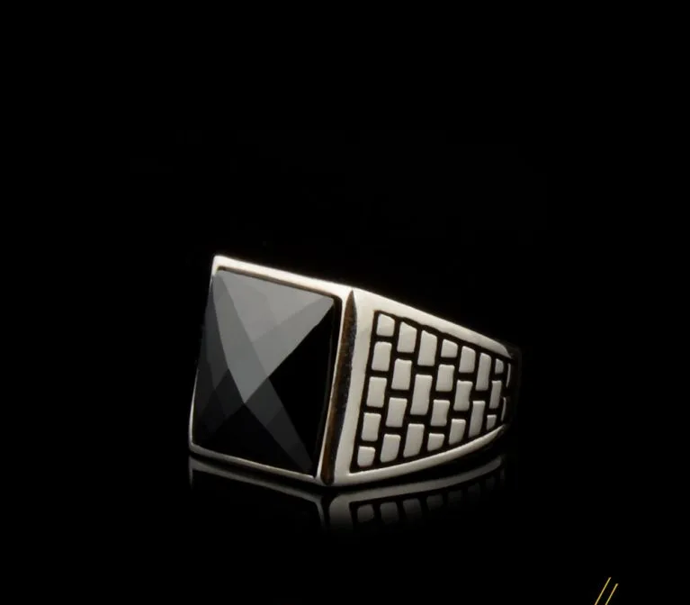 Square Faceted Cut Black Zircon Classic Silver Men Ring