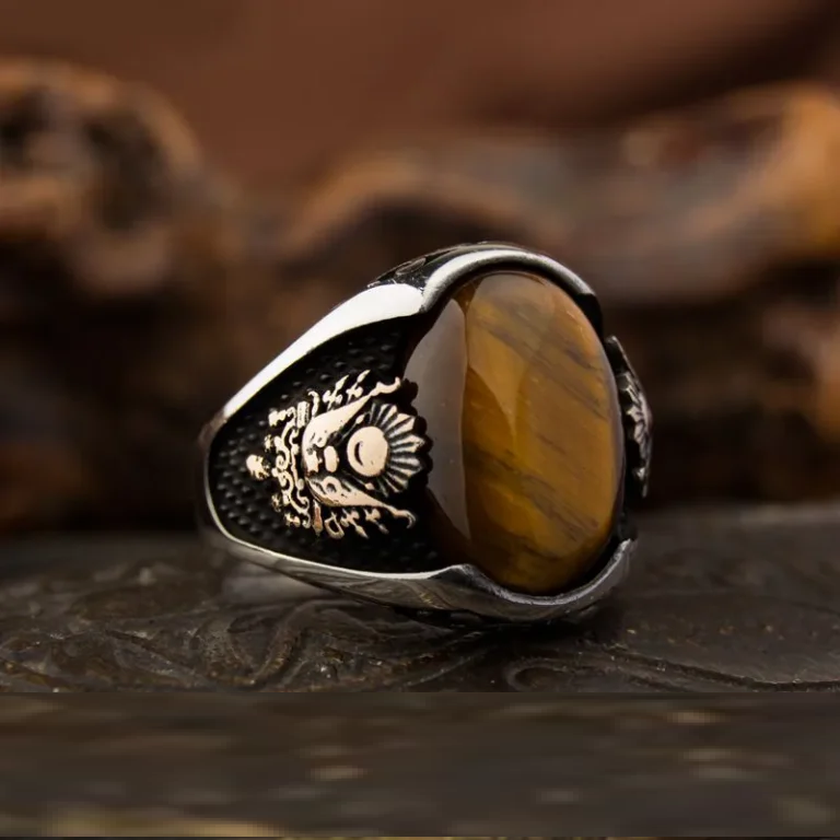 Classy Gentle Tiger’s Eye Men Ring With Coat of Arms