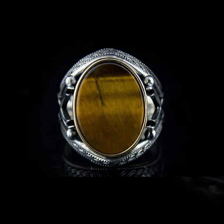 Tiger’s Eye Silver Ring with Double Swords Figure