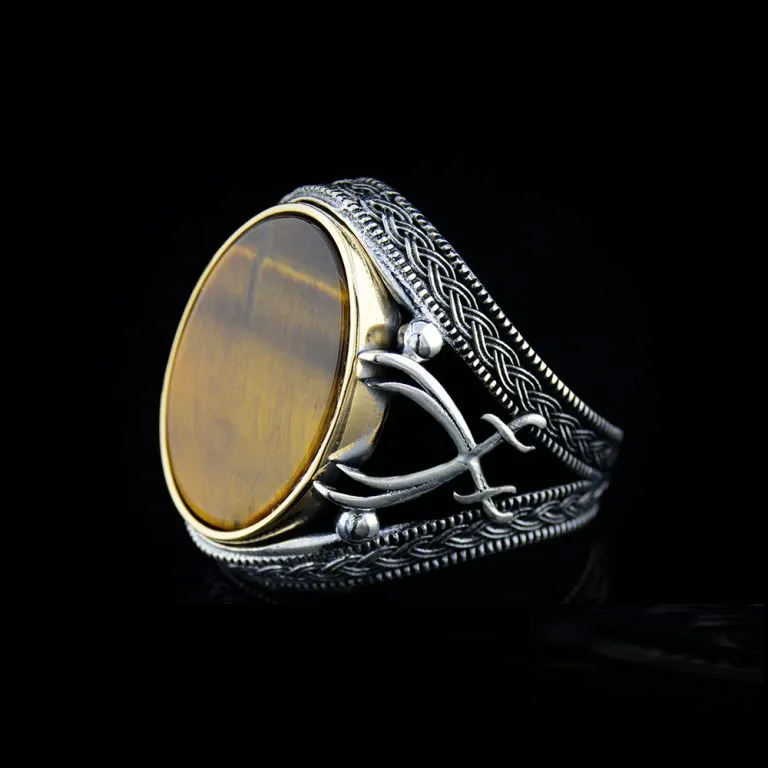 Tiger’s Eye Silver Ring with Double Swords Figure