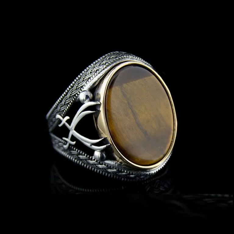 Tiger’s Eye Silver Ring with Double Swords Figure