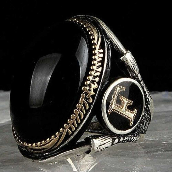 Customizable Letter 925 Sterling Silver Onyx Stone Mens Ring