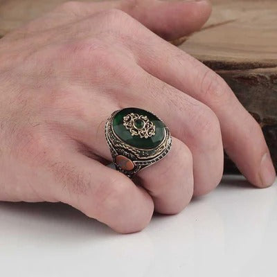 Customizable Special 925 Sterling Silver Emerald Stone Heavy Mens Ring