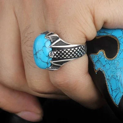 Elegant Blue Turquoise Stone 925 Sterling Silver Mens Ring