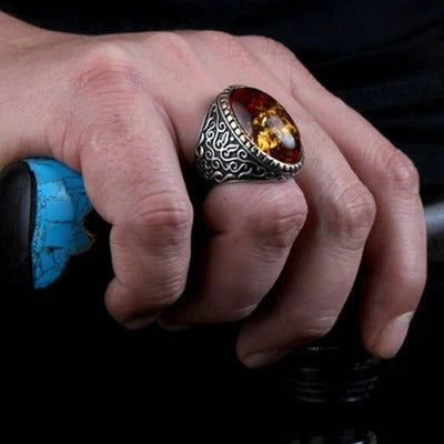 Elegant Orange Amber Stone 925 Sterling Silver Mens Ring