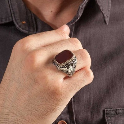 Exclusive 925 Sterling Silver Eagle Style Agate Stone Mens Ring