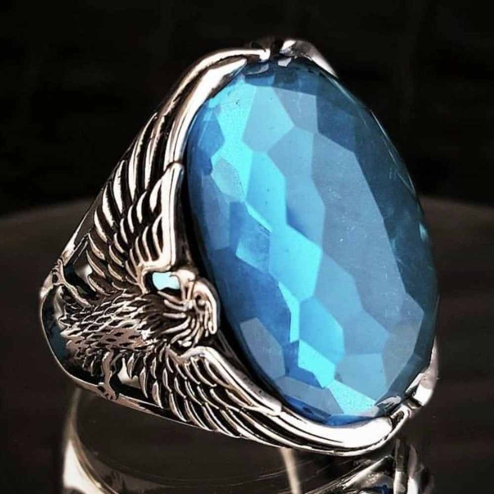 Faceted Aquamarine Luxury Cut Eagle Style 925 Sterling Silver Mens Ring
