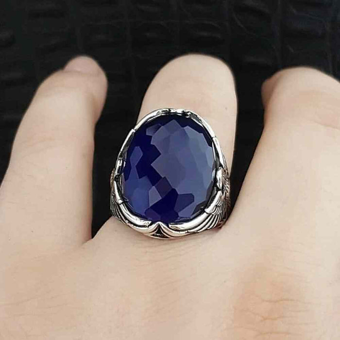 Faceted Sapphire Luxury Cut Eagle Design 925 Sterling Silver Mens Ring