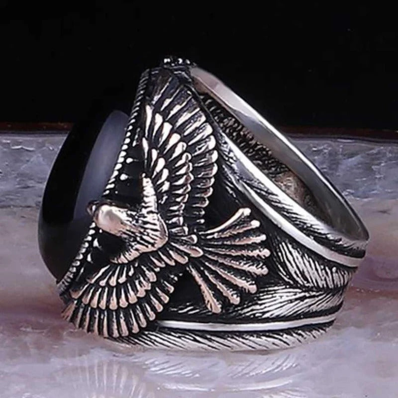 Great Eagle Style Natural Onyx Stone 925 Sterling Silver Mens Ring