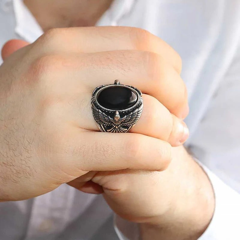 Great Eagle Style Natural Onyx Stone 925 Sterling Silver Mens Ring