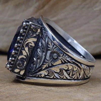 Hand Engraved Luxury 925 Sterling Silver Amethyst Mens Ring