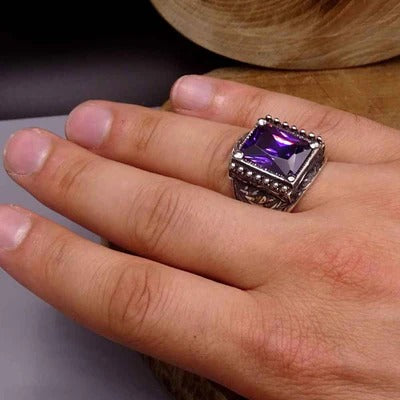 Hand Engraved Luxury 925 Sterling Silver Amethyst Mens Ring