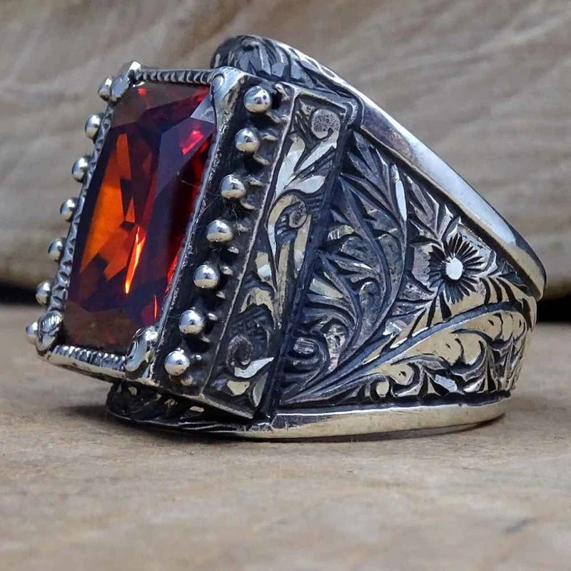 Hand Engraved Luxury 925 Sterling Silver Ruby Mens Ring