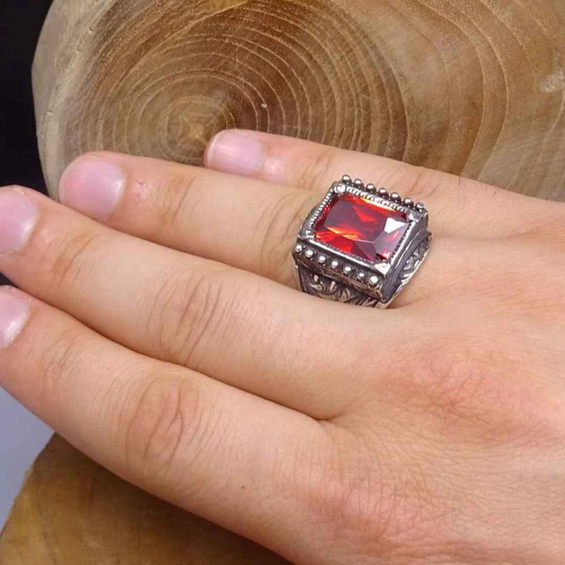 Hand Engraved Luxury 925 Sterling Silver Ruby Mens Ring