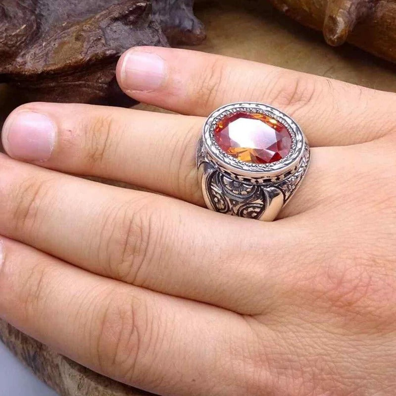 Hand Engraved Luxury Citrine Stone Ring for Men