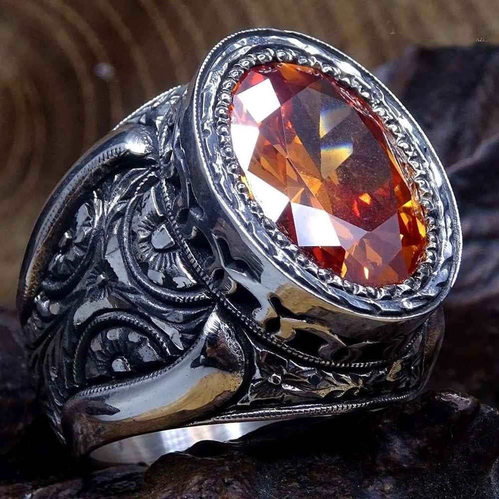 Hand Engraved Luxury Citrine Stone Ring for Men