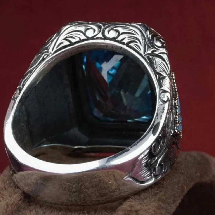 Hand Engraved Natural Aquamarine 925 Sterling Silver Mens Ring