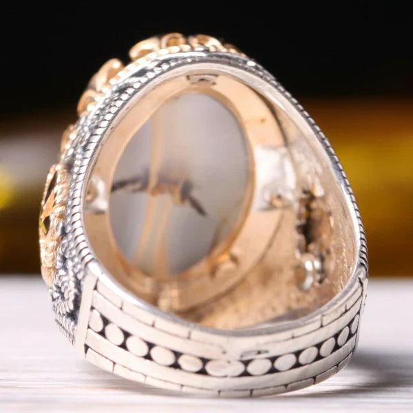 Handmade 925 Sterling Full Natural Yemeni Agate Aqeeq Mens Ring