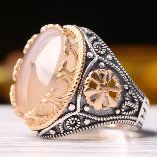 Handmade 925 Sterling Full Natural Yemeni Agate Aqeeq Mens Ring