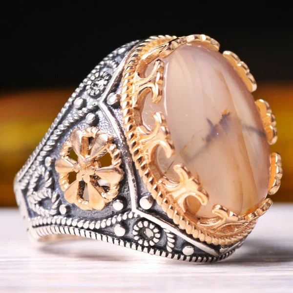 Handmade 925 Sterling Full Natural Yemeni Agate Aqeeq Mens Ring