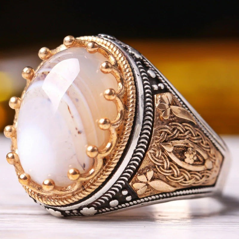 Handmade 925 Sterling Natural Yemeni Agate Aqeeq Mens Ring