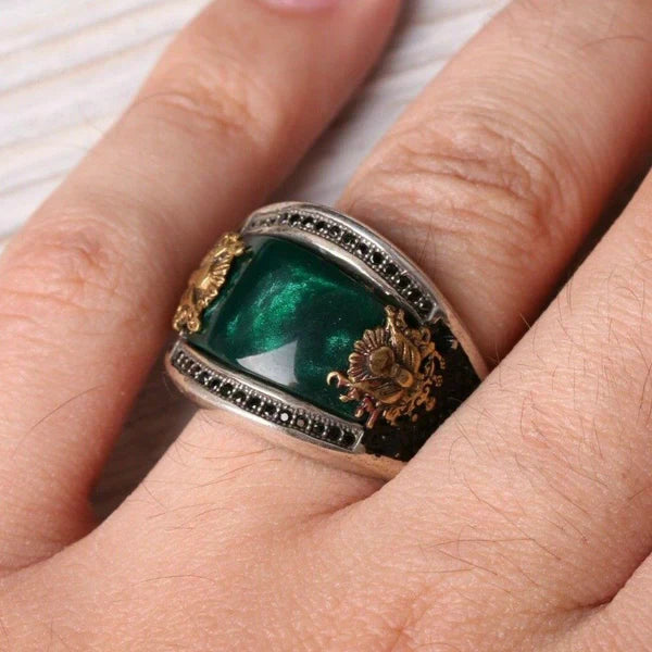 Handmade 925 Sterling Ottaman Green Emerald Stone Mens Ring