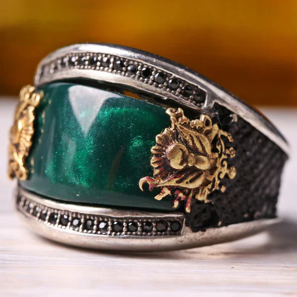 Handmade 925 Sterling Ottaman Green Emerald Stone Mens Ring