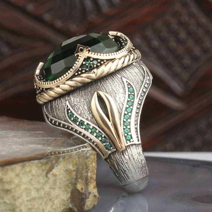 Handmade 925 Sterling Silver Drop Emerald Stone Mens Ring