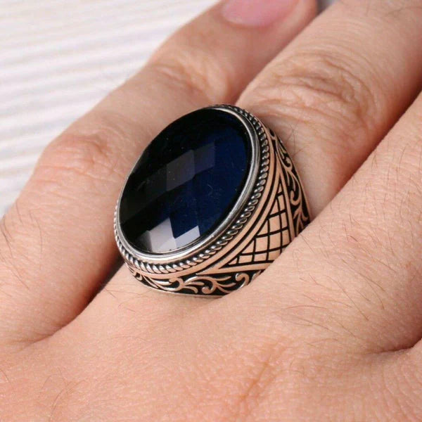 Handmade 925 Sterling Silver Facet Sapphire Stone Mens Ring