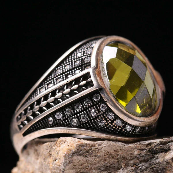 Handmade 925 Sterling Silver Faceted Peridot CZ Stone Mens Ring