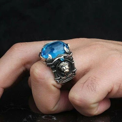 Handmade 925 Sterling Silver Lion Aquamarine Stone Mens Ring