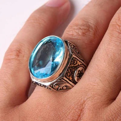 Handmade 925 Sterling Silver with Aquamarine Stone Mens Ring