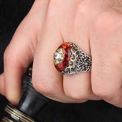 Handmade Amber and Zircon Stone 925 Sterling Silver Mens Ring
