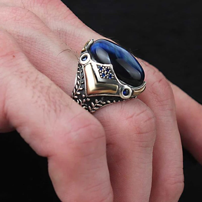 Handmade Blue Tigers Eye Elegant Design 925 Sterling Silver Mens Ring