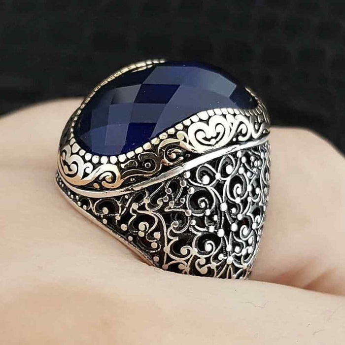 Handmade Facet Sapphire Stone 925 Sterling Silver Polite Mens Ring