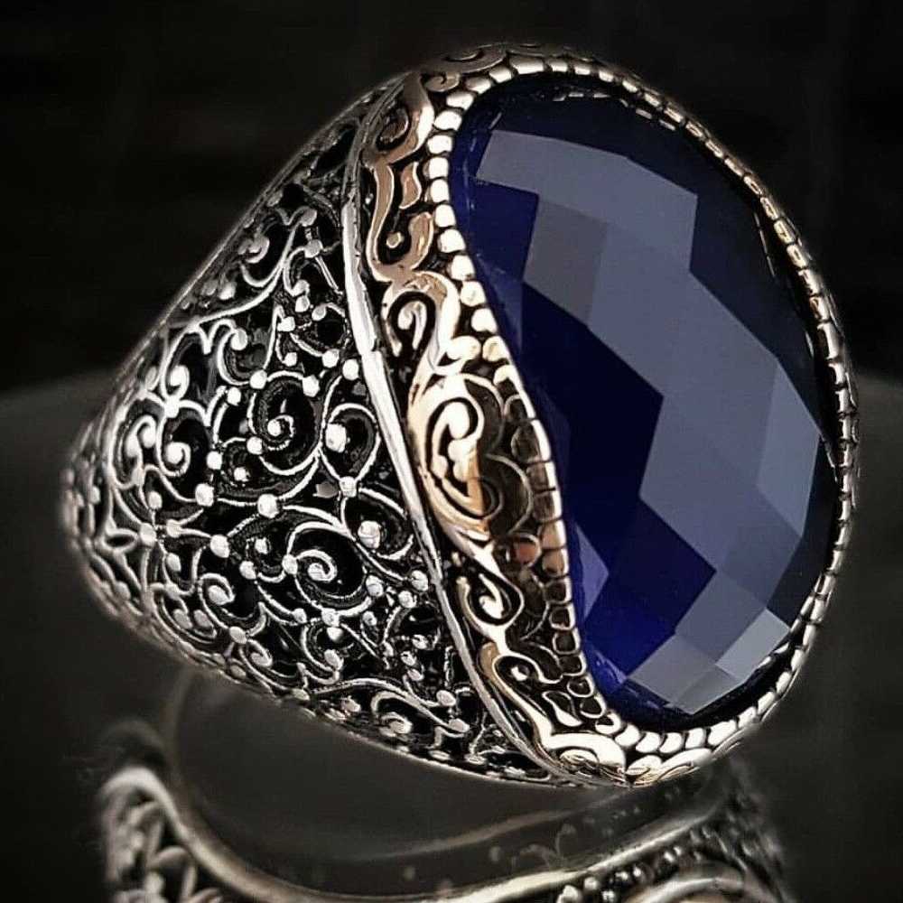 Handmade Facet Sapphire Stone 925 Sterling Silver Polite Mens Ring