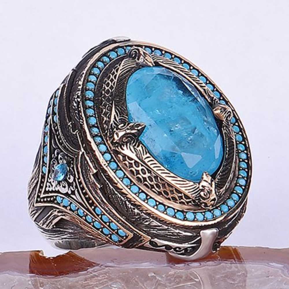 Heavy and Elegant 925 Sterling Silver Natural Aquamarine Stone Mens Ri