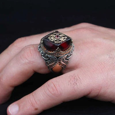 Hexagonal Ruby Stone 925 Sterling Silver Mens Ring