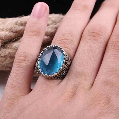 Luxury Cut Aquamarine 925 Sterling Silver Mens Ring