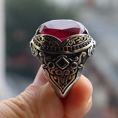 Luxury Cut Ruby and Onyx Multi Stone 925 Sterling Silver Ring for Men