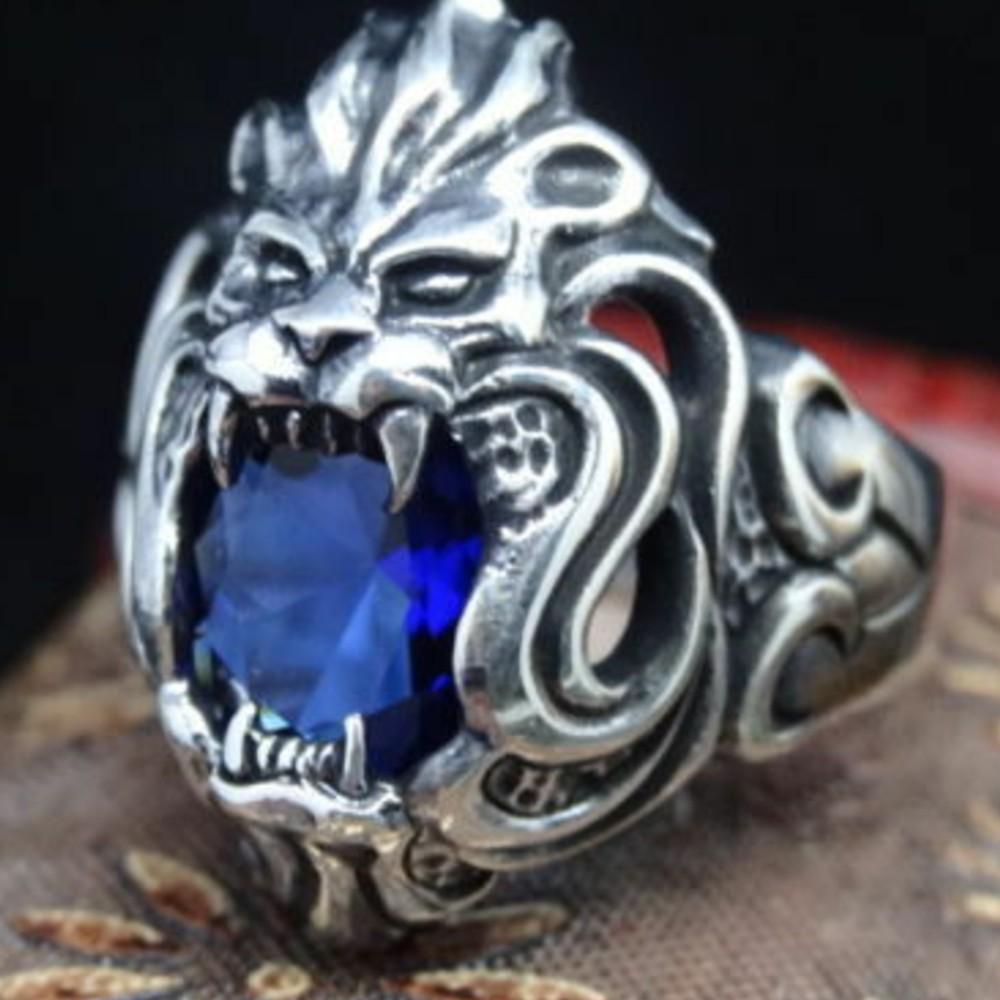 Luxury Lion Design 925 Silver Sapphire Stone Mens Ring