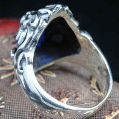 Luxury Lion Design 925 Silver Sapphire Stone Mens Ring