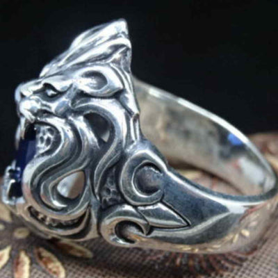 Luxury Lion Design 925 Silver Sapphire Stone Mens Ring