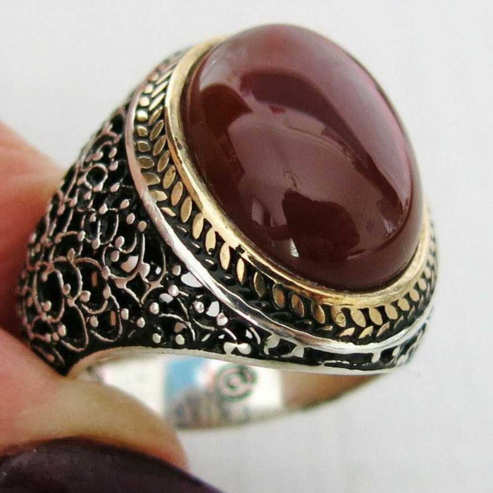 Mens Red Agate Stone 925 Sterling Silver Mens Ring