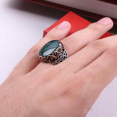 Most Popular Green Agate Style 925 Sterling Silver Mens Ring