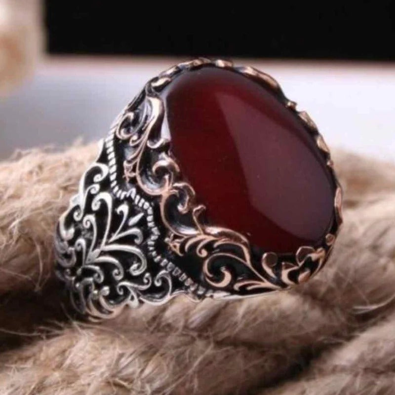 Most Popular Red Agate Style 925 Sterling Silver Mens Ring