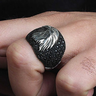 Multi Black Onyx Stone Eagle Style 925 Sterling Silver Mens Ring