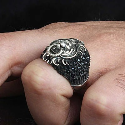 Multi Black Onyx Stone Lion Style 925 Sterling Silver Mens Ring