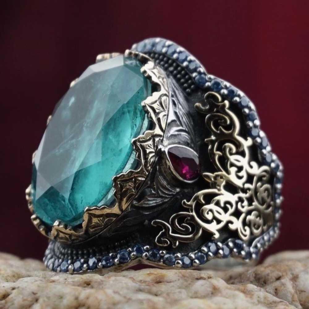 Multi Stone Luxury Green Tourmaline Stone 925 Silver Mens Ring